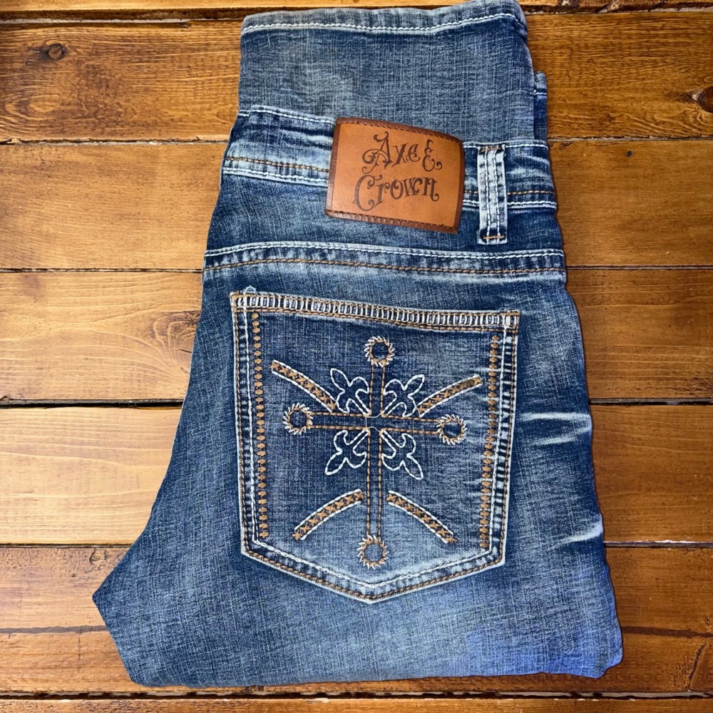 Axe & Crown Jeans Men 31x30 Blue Classic Straight Embroidered Cross Thick Stitch